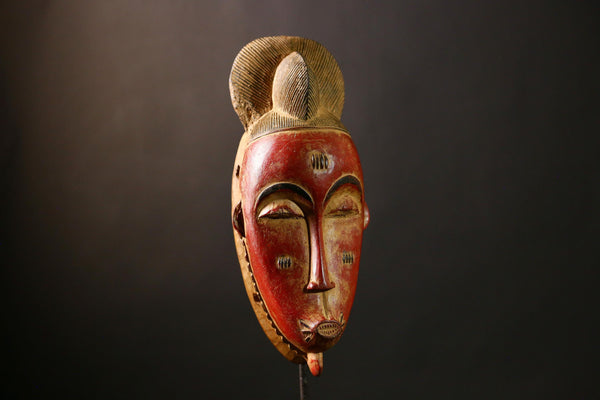 African Baule Mask, Hand-Carved Wooden Face Mask, Antique Wall Decor-G4240