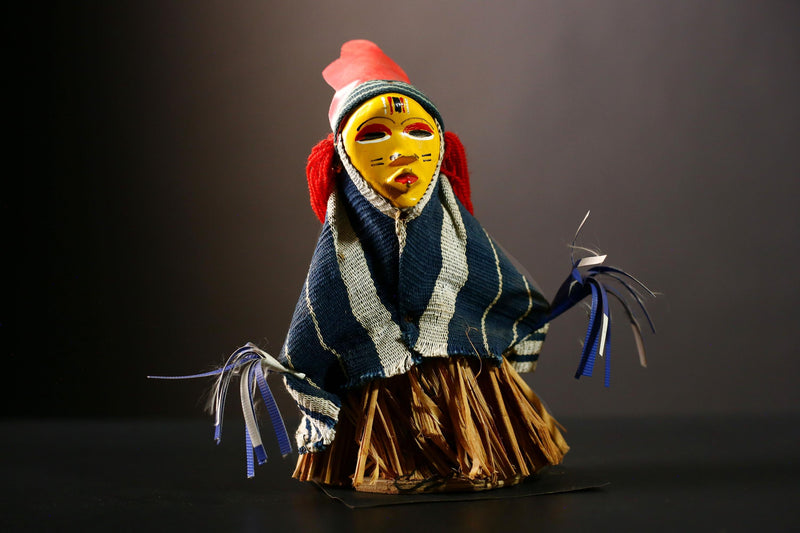 African Doll Ritual Dancing Kachina Figure with Grass Skirt Unique Folk -G4252