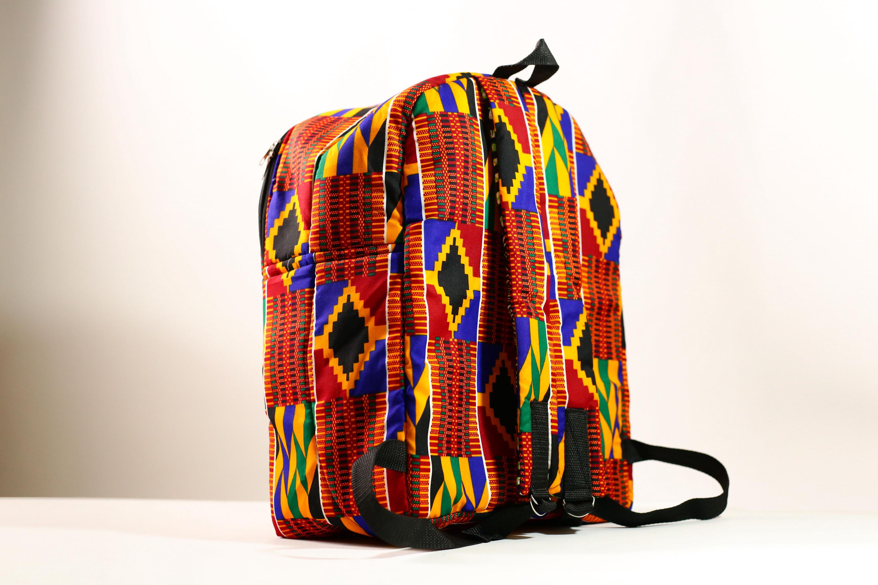 African Ghana Bright Kente Cloth Backpacks Handmade Assorted Pattern Styles-G4274