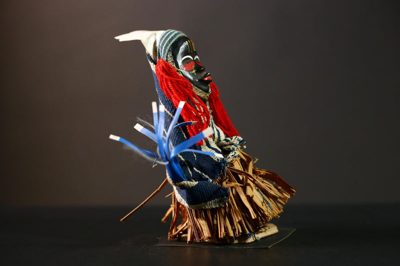 African Handmade Collectible Art Sculpture - Ritual Dancing Kachina with Grass Skirt | Unique Medicine Doll for Home Decor-G4262