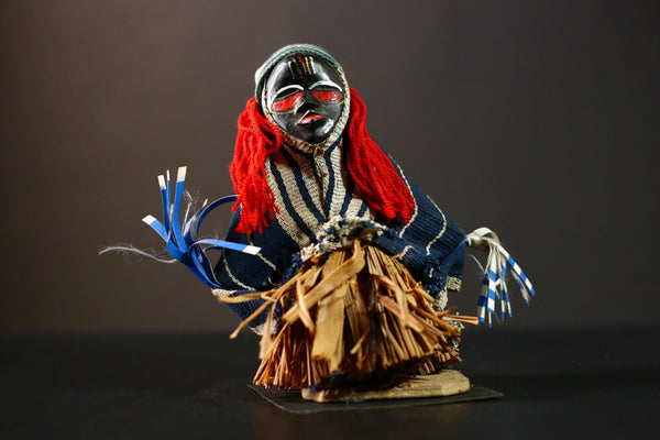 African Handmade Collectible Art Sculpture - Ritual Dancing Kachina with Grass Skirt | Unique Medicine Doll for Home Decor-G4262