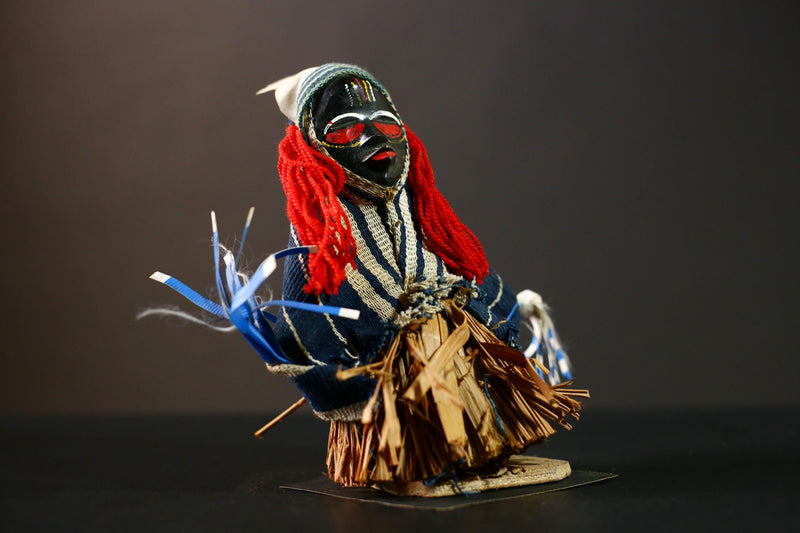 African Handmade Collectible Art Sculpture - Ritual Dancing Kachina with Grass Skirt | Unique Medicine Doll for Home Decor-G4262