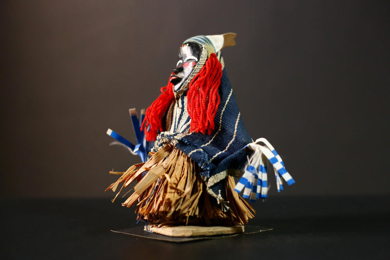 African Handmade Collectible Art Sculpture - Ritual Dancing Kachina with Grass Skirt | Unique Medicine Doll for Home Decor-G4262