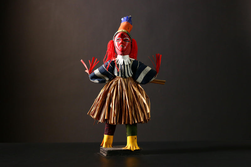 African Doll Handmade Ritual Dancing Kachina Grass Skirt , Medicine Doll-G4261