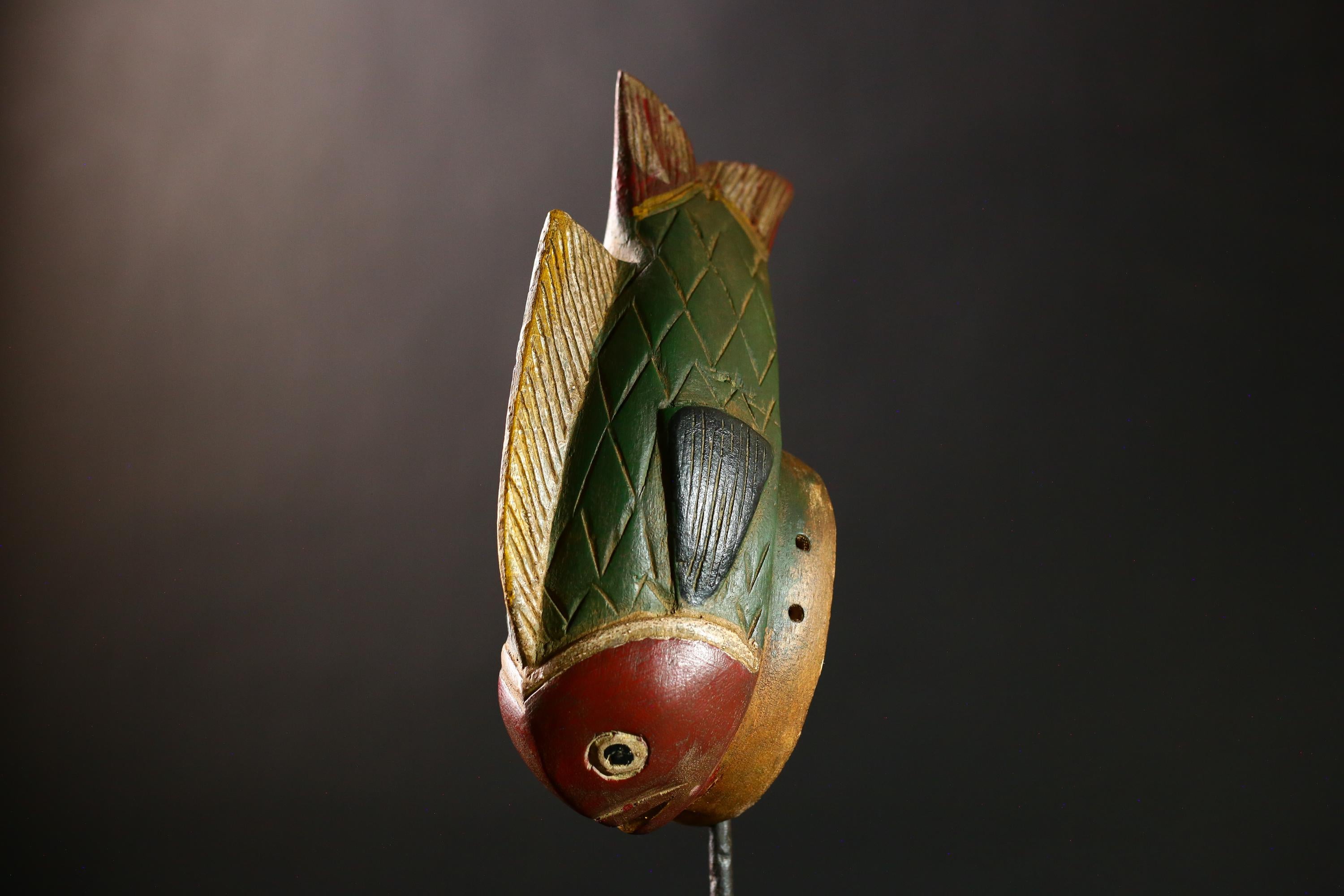 African Vintage Bozo Tribal Wood Face Mask Hand-Carved Fish Wall Art Decor-G4281