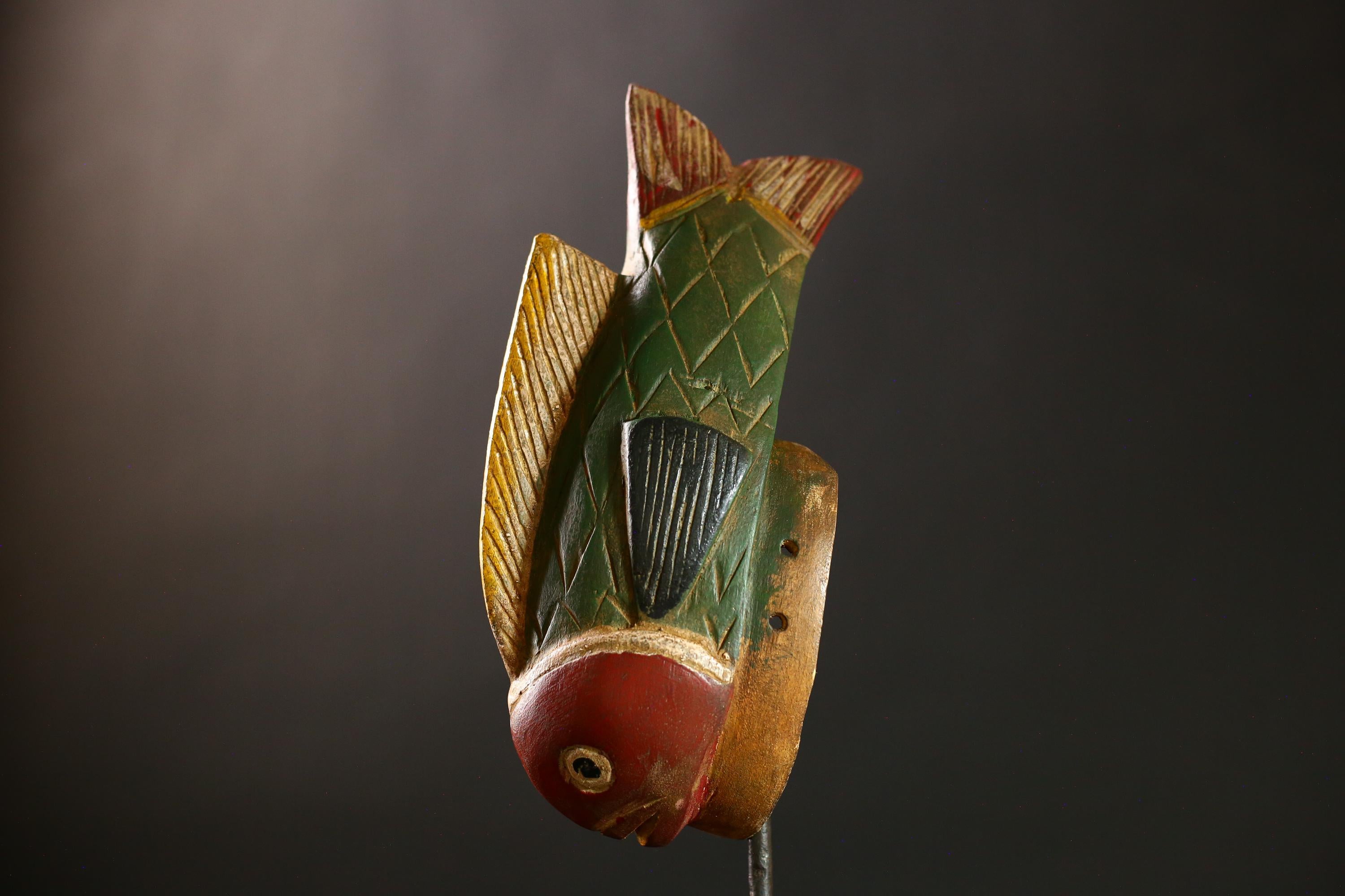 African Vintage Bozo Tribal Wood Face Mask Hand-Carved Fish Wall Art Decor-G4281
