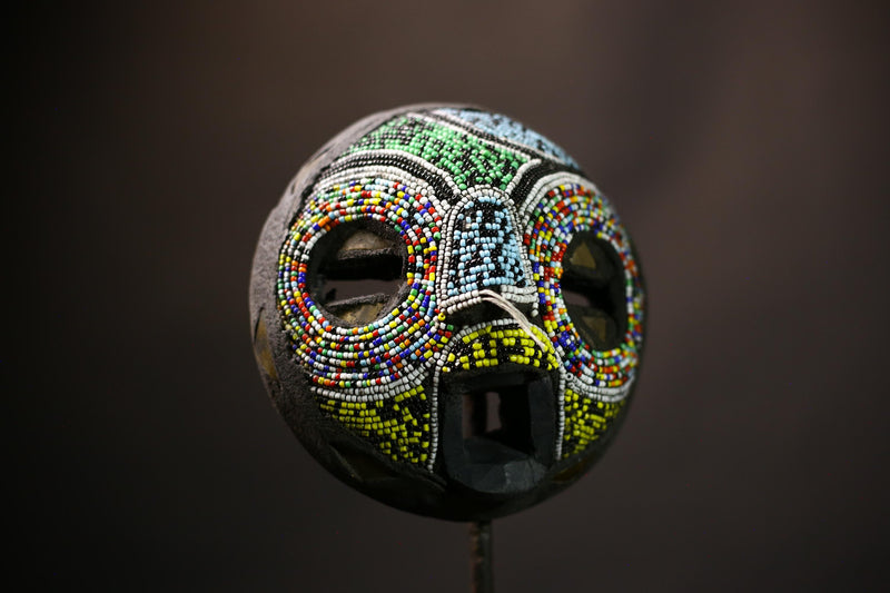 African Ashanti Mask | Hand Carved Wooden Art | Beaded Wall Decor | Unique Ghanaian Artwork | Cultural Home Accent-7978