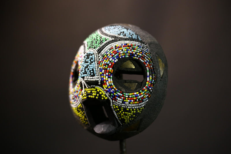 African Ashanti Mask | Hand Carved Wooden Art | Beaded Wall Decor | Unique Ghanaian Artwork | Cultural Home Accent-7978