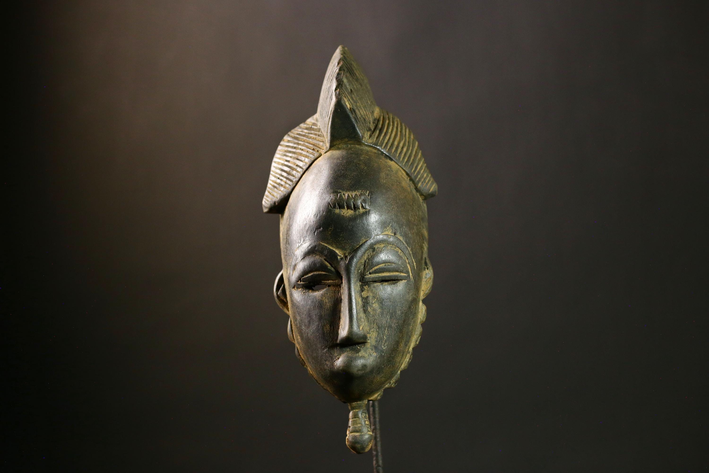 African Authentic Antique Guro Baule Face Masks as Hand Carved Tribal Wooden Art for Cultural Home Decor and Unique Wall Display-G1797