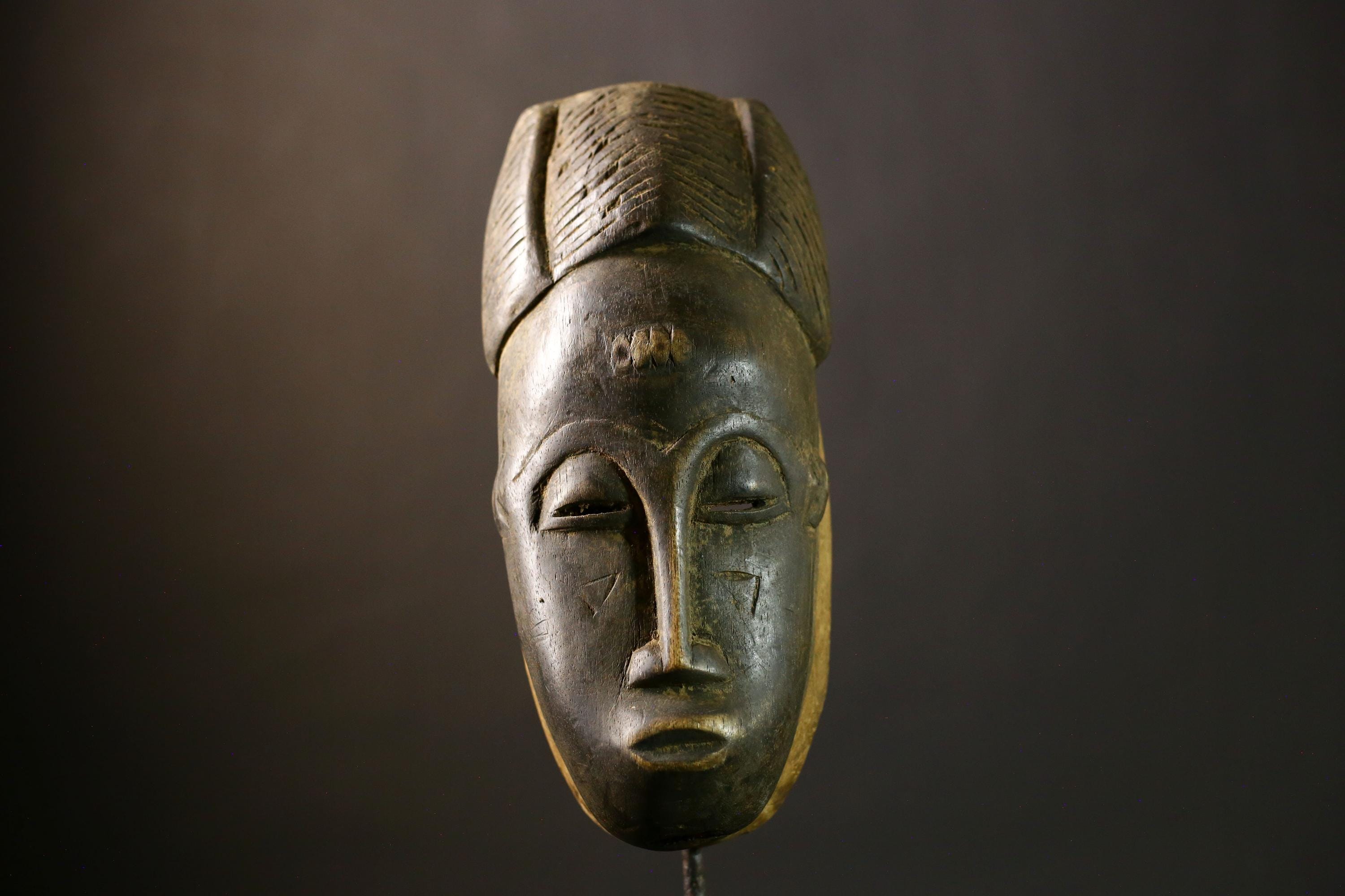 African Mask Baule Vintage Tribal Wall Hanging Carved Wood Ancestral Art Decor Authentic Rare Collectible Gift Piece-G1844