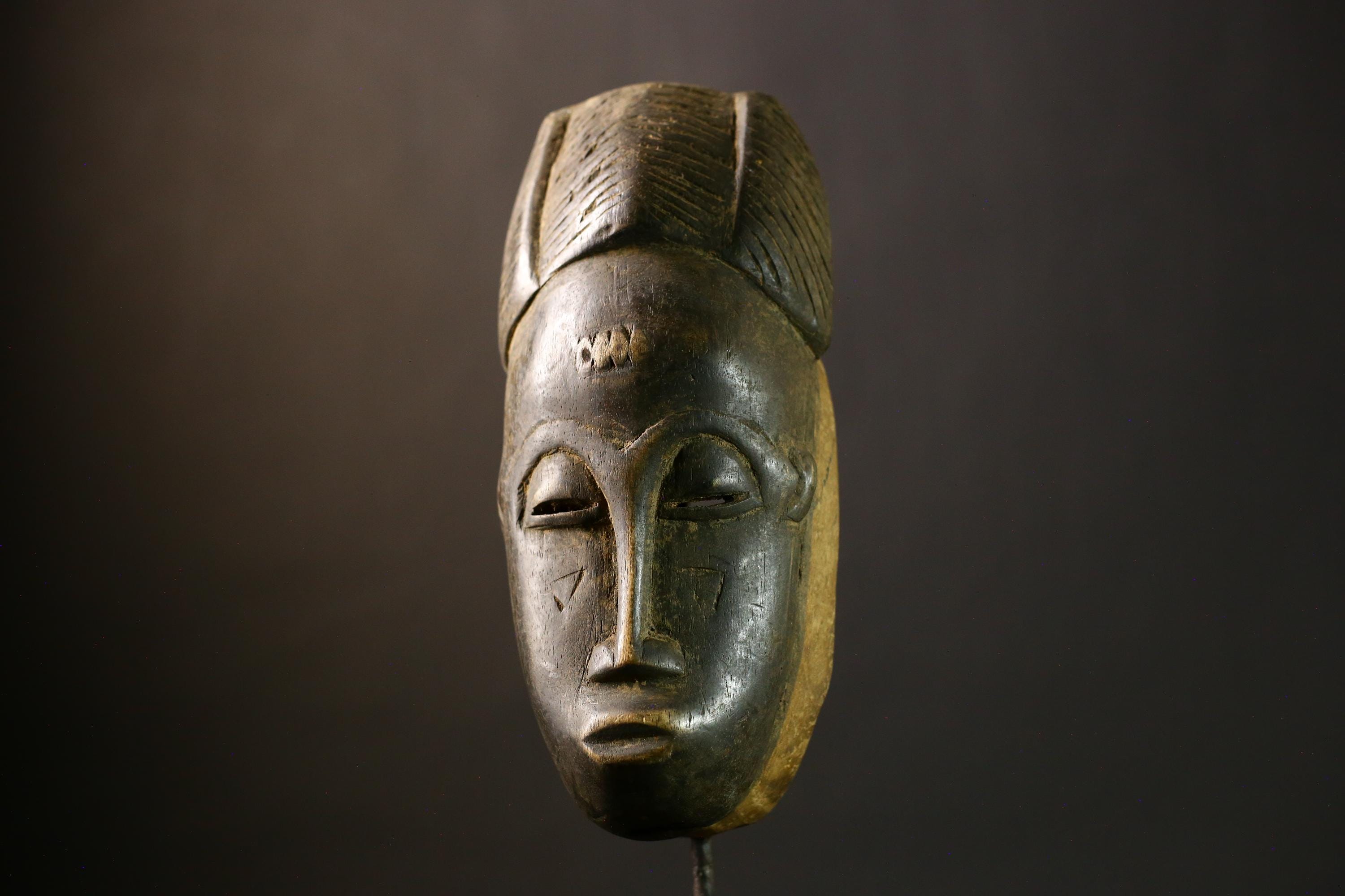 African Mask Baule Vintage Tribal Wall Hanging Carved Wood Ancestral Art Decor Authentic Rare Collectible Gift Piece-G1844