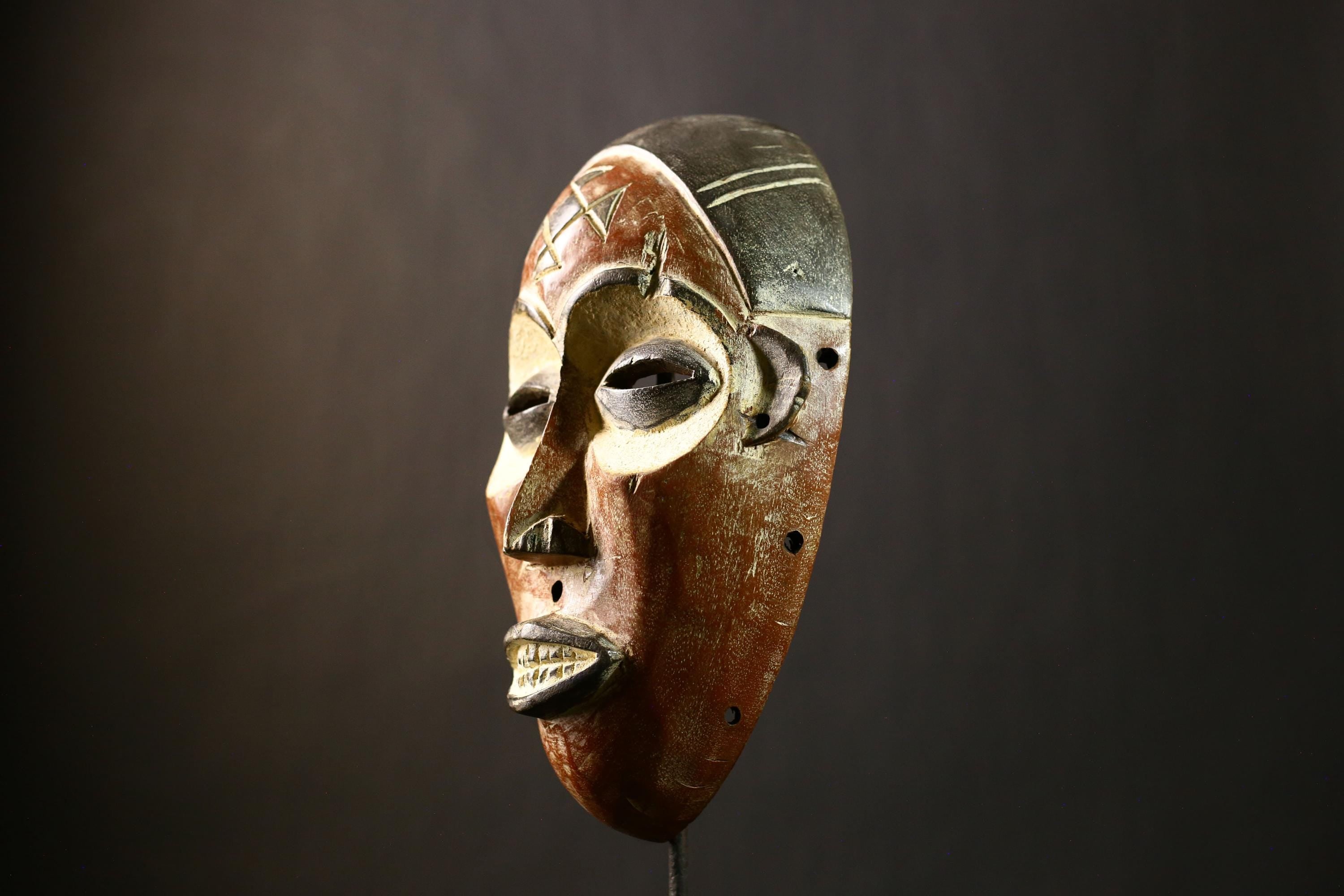 African Antique Chokwe Tribal Mask Hand Carved Wooden Art Wall Decor Unique Ethnic Sculpture-G4335