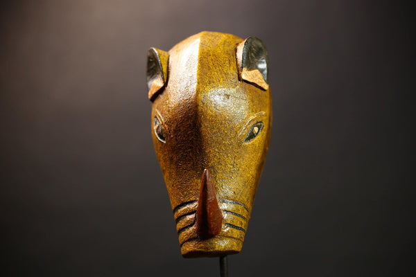 African Authentic Rhinoceros Mask Cameroon Babanki Tribe Handmade | Wooden Animal Face Wall Decor | Exotic Tribal Art Sculpture -G4588