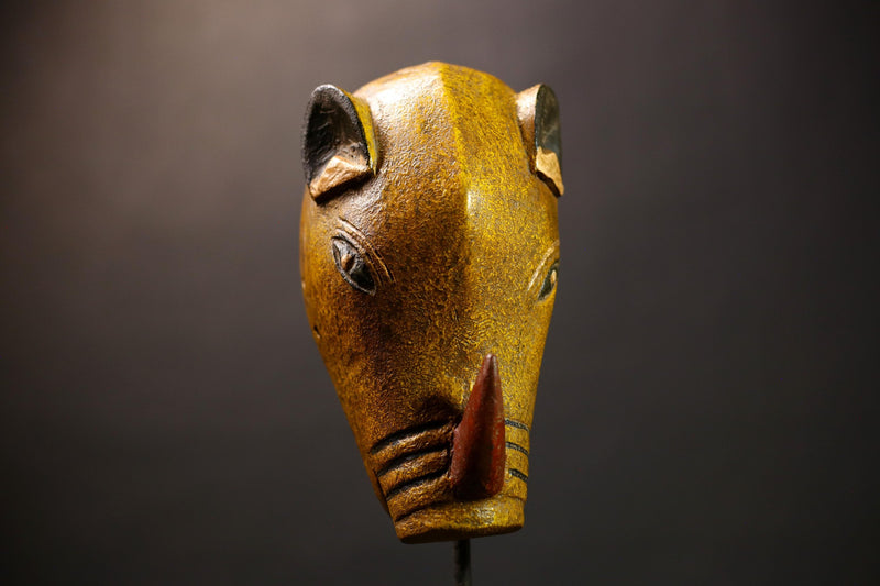 African Authentic Rhinoceros Mask Cameroon Babanki Tribe Handmade | Wooden Animal Face Wall Decor | Exotic Tribal Art Sculpture -G4588