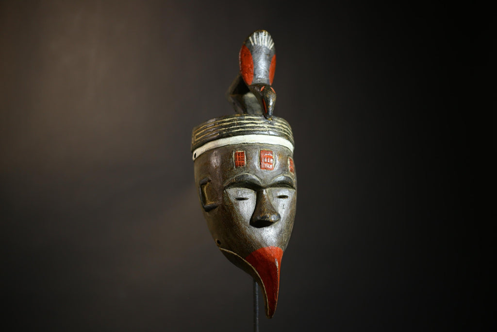 African Baule Mask | Red Carved Wood Art | Unique Wall Decor | Tribal Accent Piece | Ethnic Cultural Design | Handcrafted Collector's -G4681