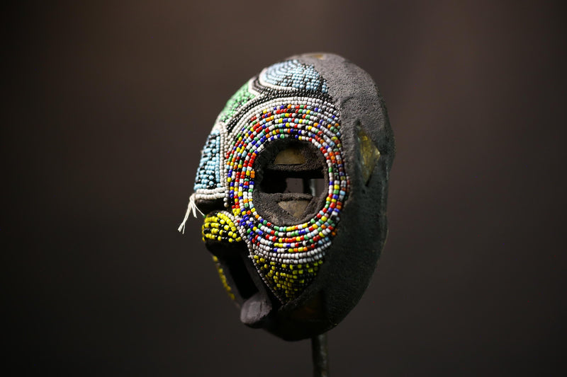 African Ashanti Mask | Hand Carved Wooden Art | Beaded Wall Decor | Unique Ghanaian Artwork | Cultural Home Accent-7978