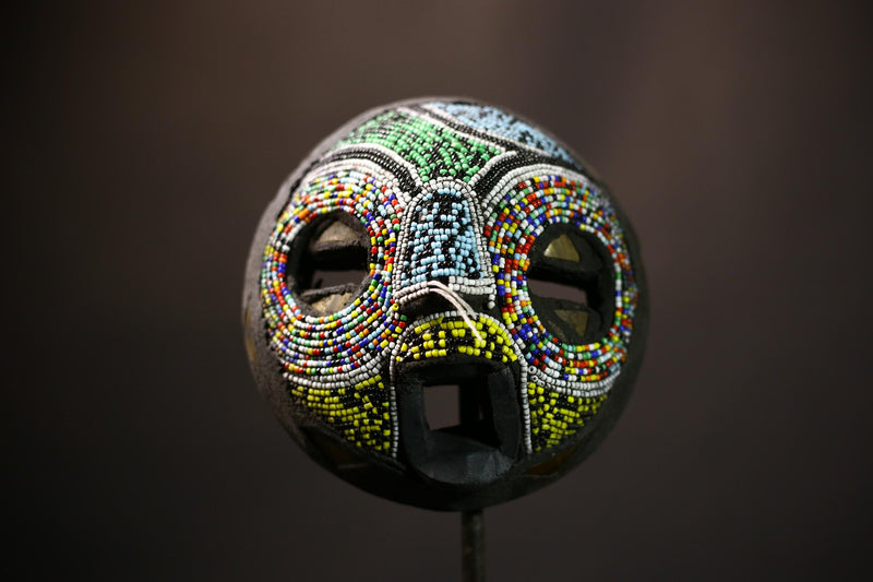 African Ashanti Mask | Hand Carved Wooden Art | Beaded Wall Decor | Unique Ghanaian Artwork | Cultural Home Accent-7978