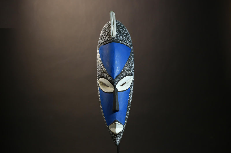 African Mask Art | Special Handmade Traditional Blue White Wooden Decor | Unique Ethnic Wall Sculpture for Cultural Home Decoration-6117