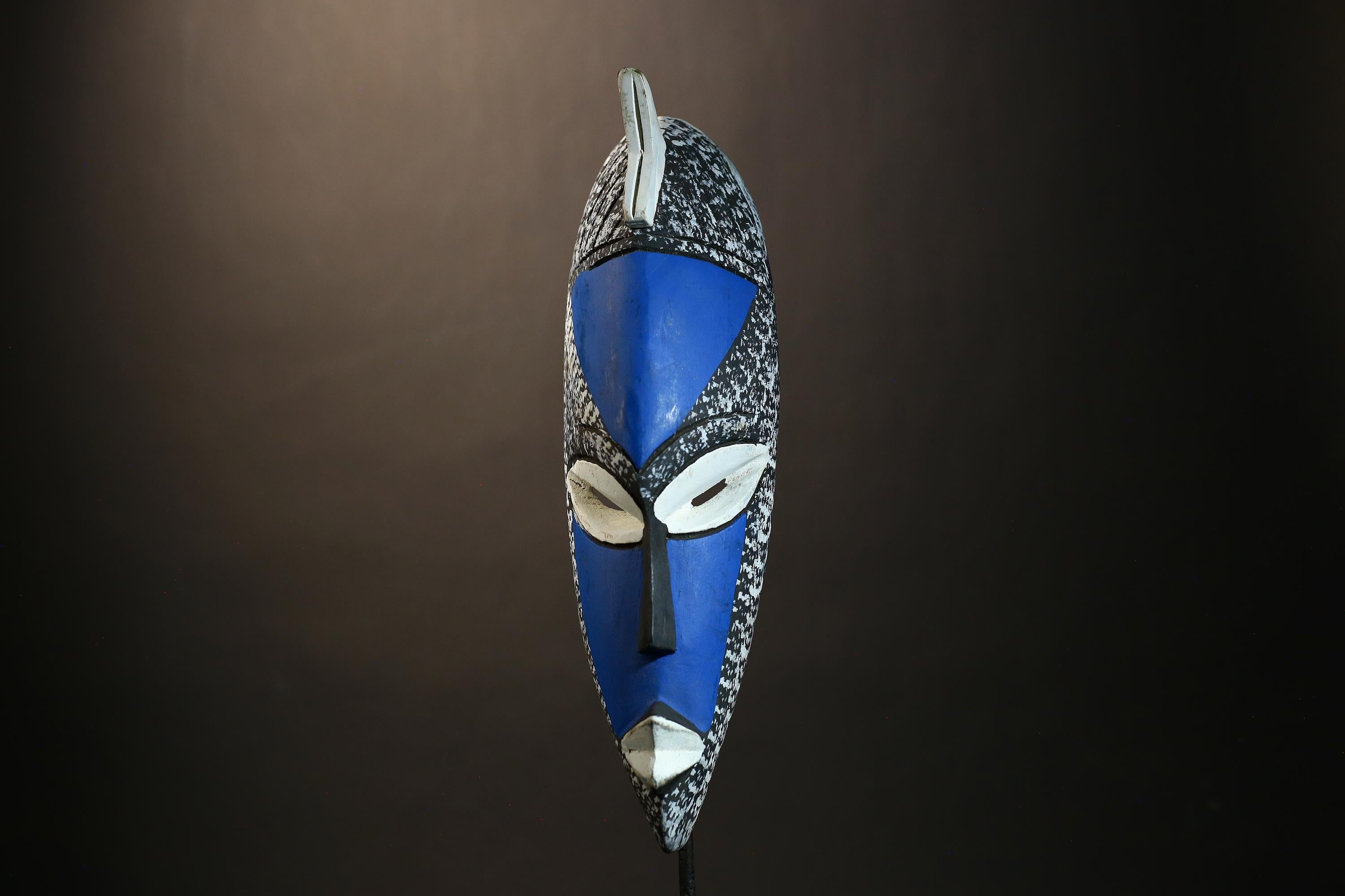 African Mask Art | Special Handmade Traditional Blue White Wooden Decor | Unique Ethnic Wall Sculpture for Cultural Home Decoration-6117