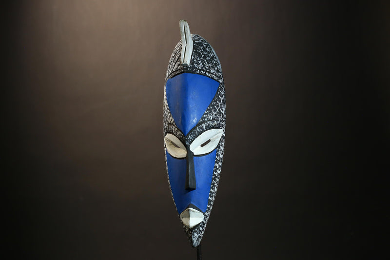 African Mask Art | Special Handmade Traditional Blue White Wooden Decor | Unique Ethnic Wall Sculpture for Cultural Home Decoration-6117