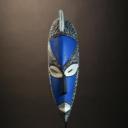 African Mask Art | Special Handmade Traditional Blue White Wooden Decor | Unique Ethnic Wall Sculpture for Cultural Home Decoration-6117