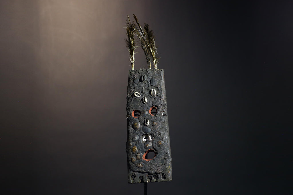 African Tribal Mask Rectangular Cowrie Shell Wood Mask with Feathers West Africa Ritual Art Primitive Folk Decor Sculpture-G1479