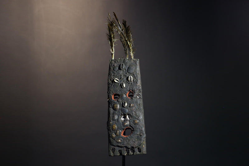 African Tribal Mask Rectangular Cowrie Shell Wood Mask with Feathers West Africa Ritual Art Primitive Folk Decor Sculpture-G1479