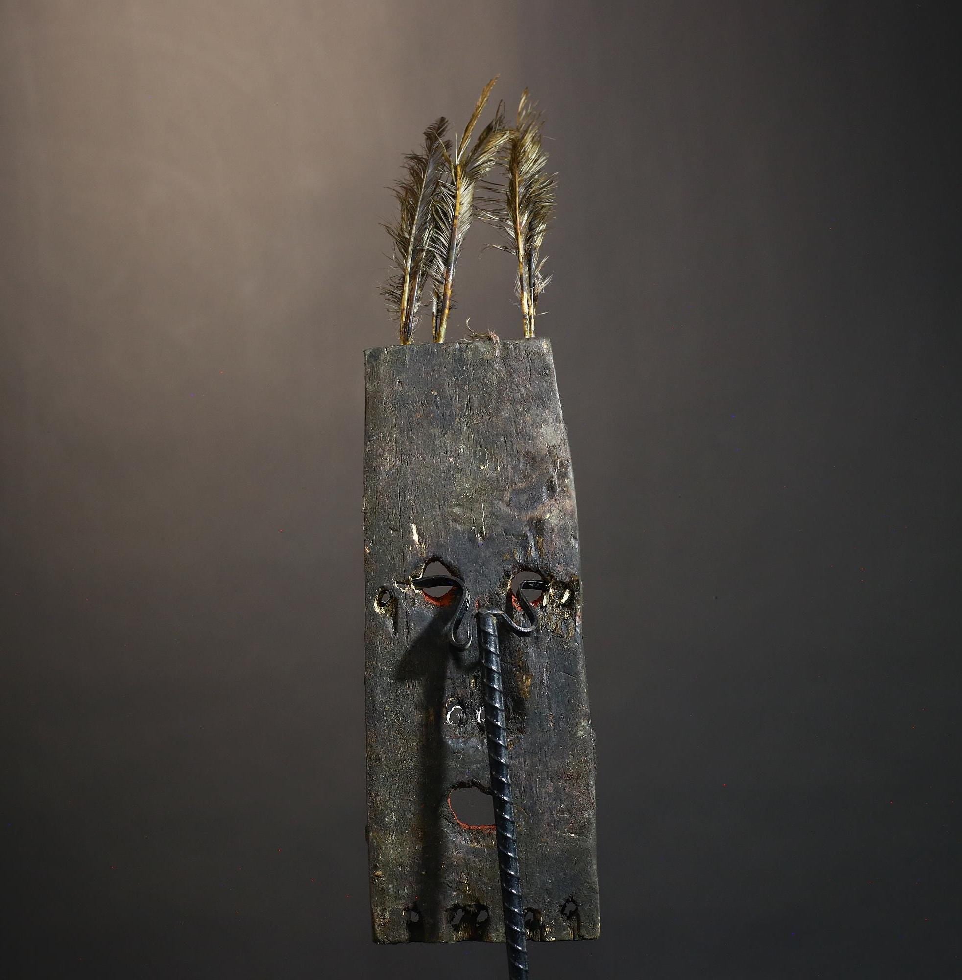 African Tribal Mask Rectangular Cowrie Shell Wood Mask with Feathers West Africa Ritual Art Primitive Folk Decor Sculpture-G1479