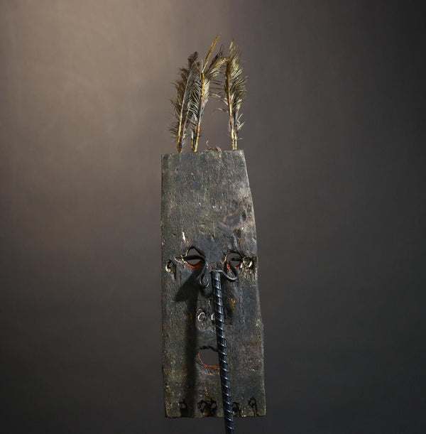 African Tribal Mask Rectangular Cowrie Shell Wood Mask with Feathers West Africa Ritual Art Primitive Folk Decor Sculpture-G1479
