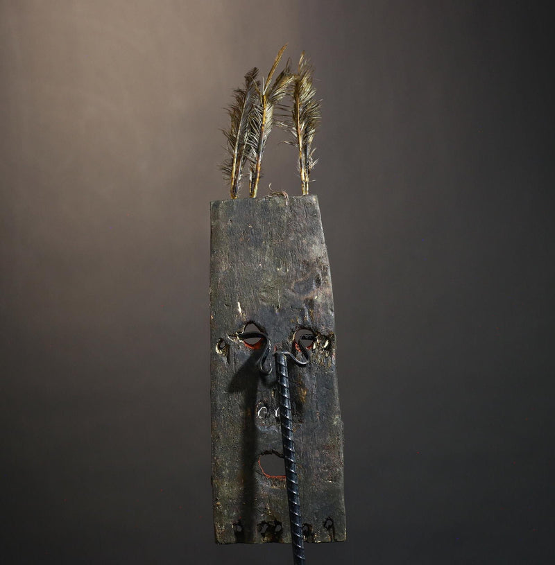 African Tribal Mask Rectangular Cowrie Shell Wood Mask with Feathers West Africa Ritual Art Primitive Folk Decor Sculpture-G1479