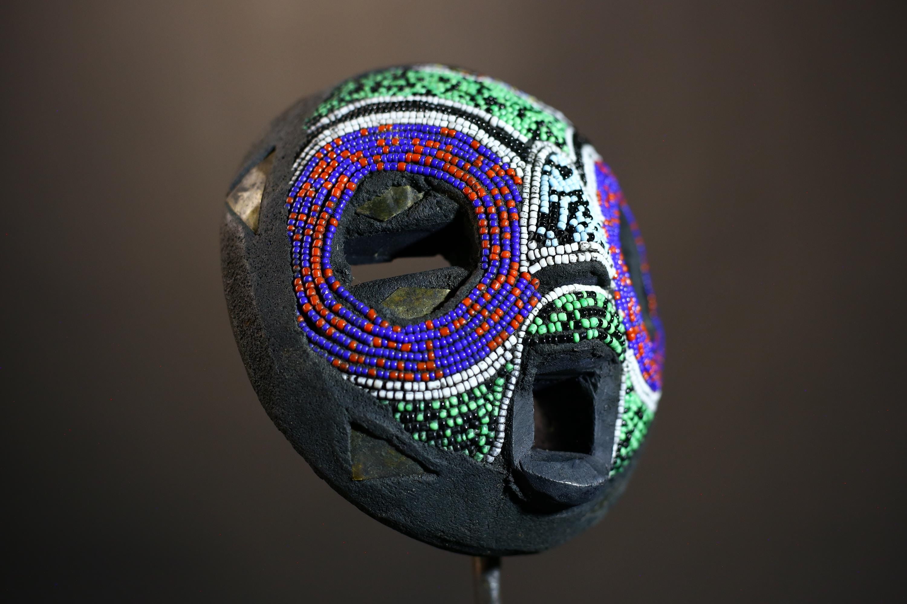 African Recycled Plastic Beaded Wood Mask | Unique Hand Carved Wall Art | Ethnic Decor for Home | Colorful Tribal Mask Display-7958
