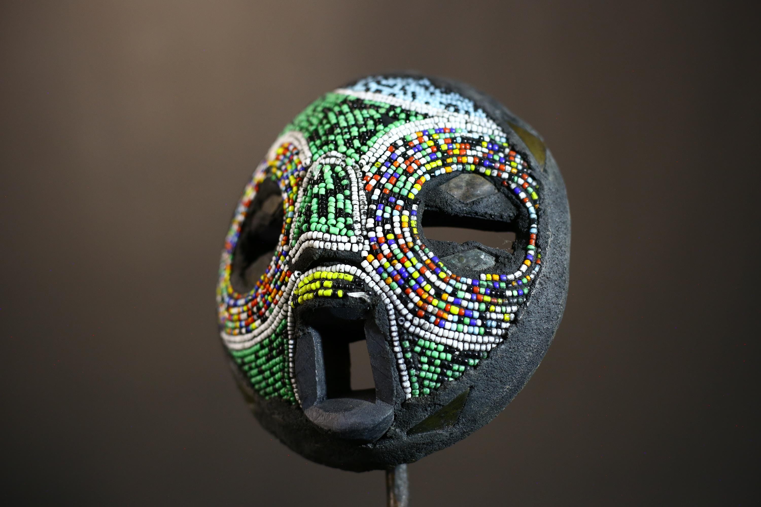 African Recycled Plastic Beaded Ghana Bakota Mask Hand Carved Wall Art | Unique Ethnic Decor | Colorful Cultural Art Piece-7960