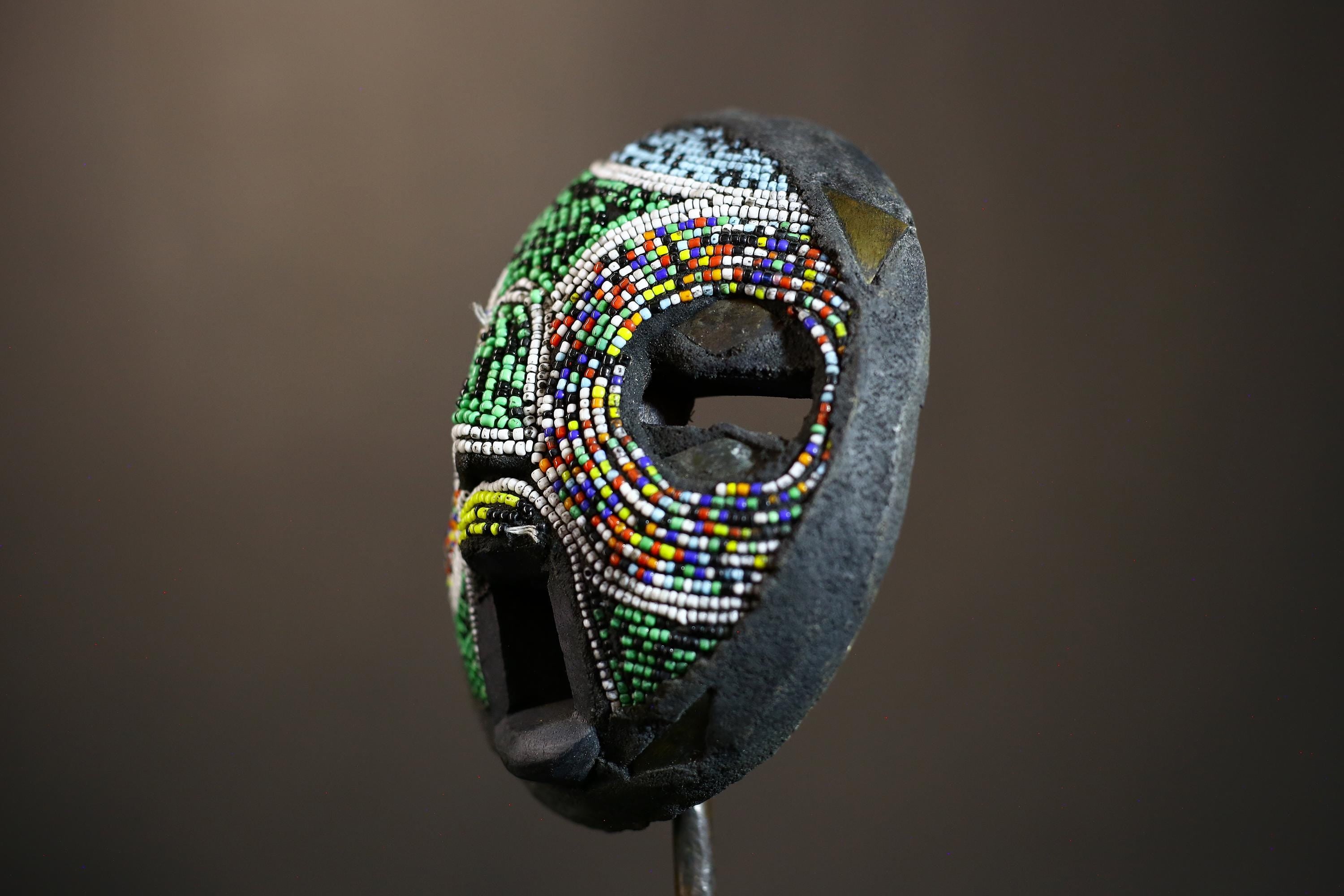 African Recycled Plastic Beaded Ghana Bakota Mask Hand Carved Wall Art | Unique Ethnic Decor | Colorful Cultural Art Piece-7960
