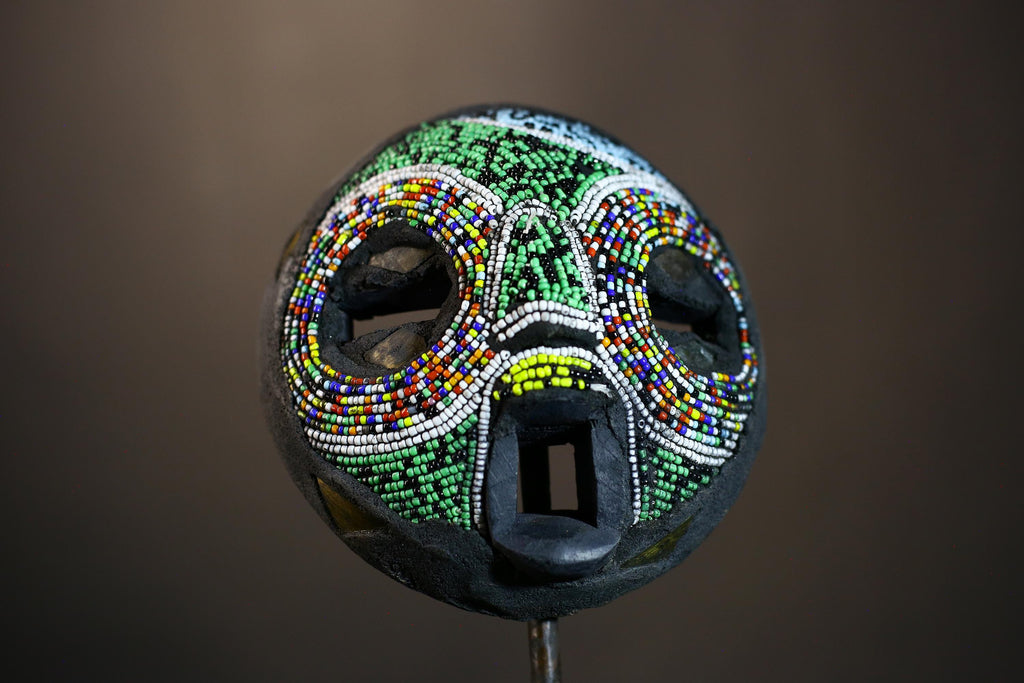 African Recycled Plastic Beaded Ghana Bakota Mask Hand Carved Wall Art | Unique Ethnic Decor | Colorful Cultural Art Piece-7960