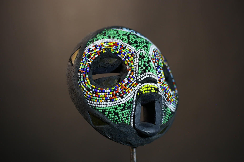 African Recycled Plastic Beaded Ghana Bakota Mask Hand Carved Wall Art | Unique Ethnic Decor | Colorful Cultural Art Piece-7960
