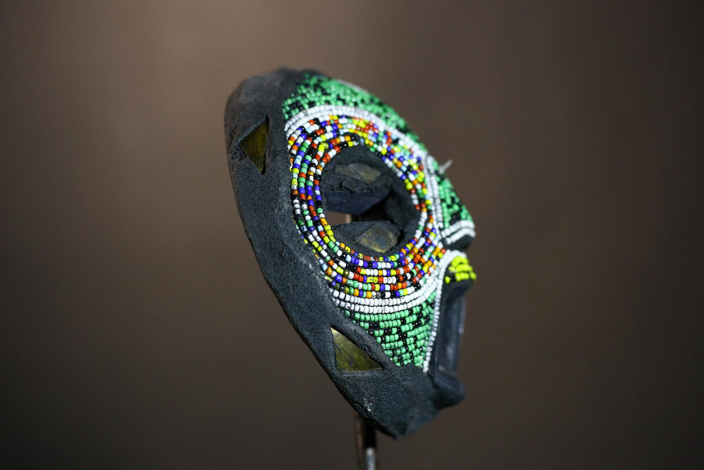 African Recycled Plastic Beaded Ghana Bakota Mask Hand Carved Wall Art | Unique Ethnic Decor | Colorful Cultural Art Piece-7960
