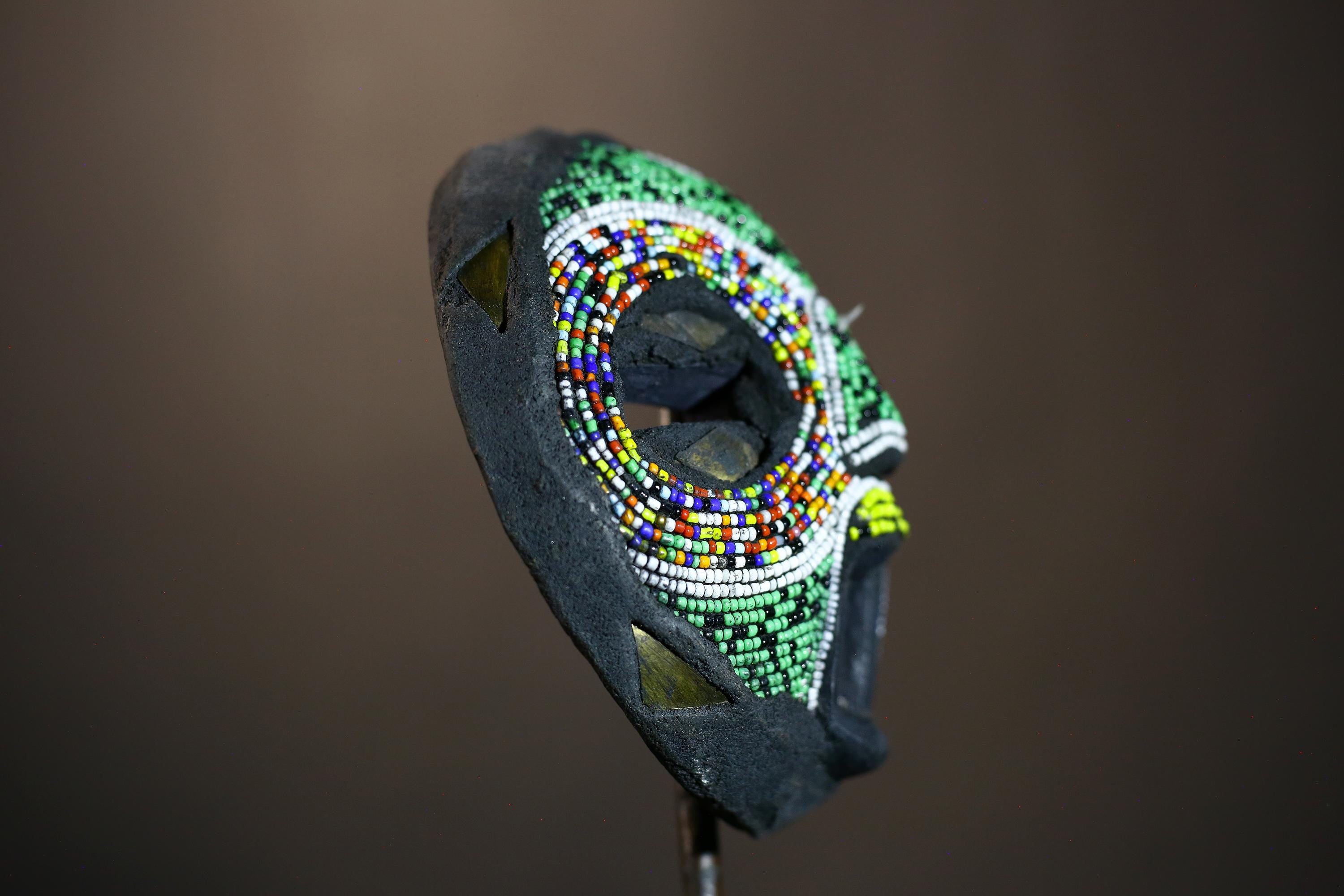 African Recycled Plastic Beaded Ghana Bakota Mask Hand Carved Wall Art | Unique Ethnic Decor | Colorful Cultural Art Piece-7960