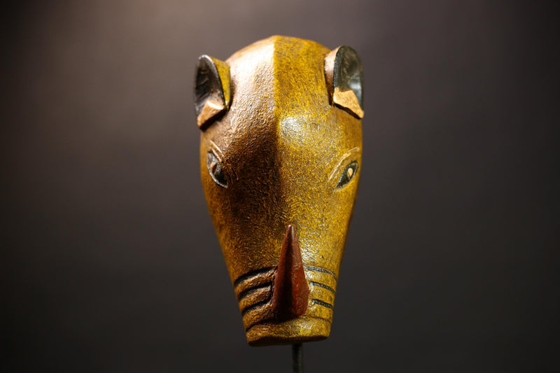 African Authentic Rhinoceros Mask Cameroon Babanki Tribe Handmade | Wooden Animal Face Wall Decor | Exotic Tribal Art Sculpture -G4588