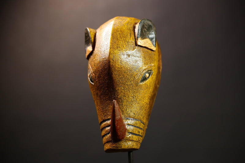 African Authentic Rhinoceros Mask Cameroon Babanki Tribe Handmade | Wooden Animal Face Wall Decor | Exotic Tribal Art Sculpture -G4588