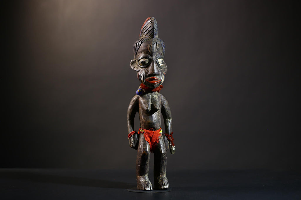 African Yoruba Twin Figures | Adorned Jewelry Art | Oyo Erin Ethnographic Sculpture | Unique Wooden Statue | Cultural Heritage-G4744