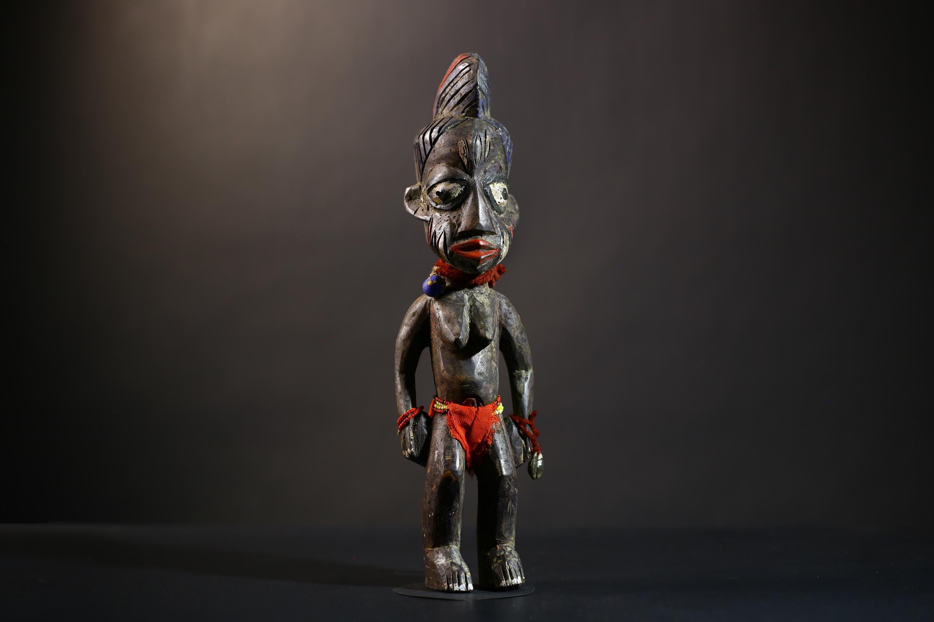 African Yoruba Twin Figures | Adorned Jewelry Art | Oyo Erin Ethnographic Sculpture | Unique Wooden Statue | Cultural Heritage-G4744