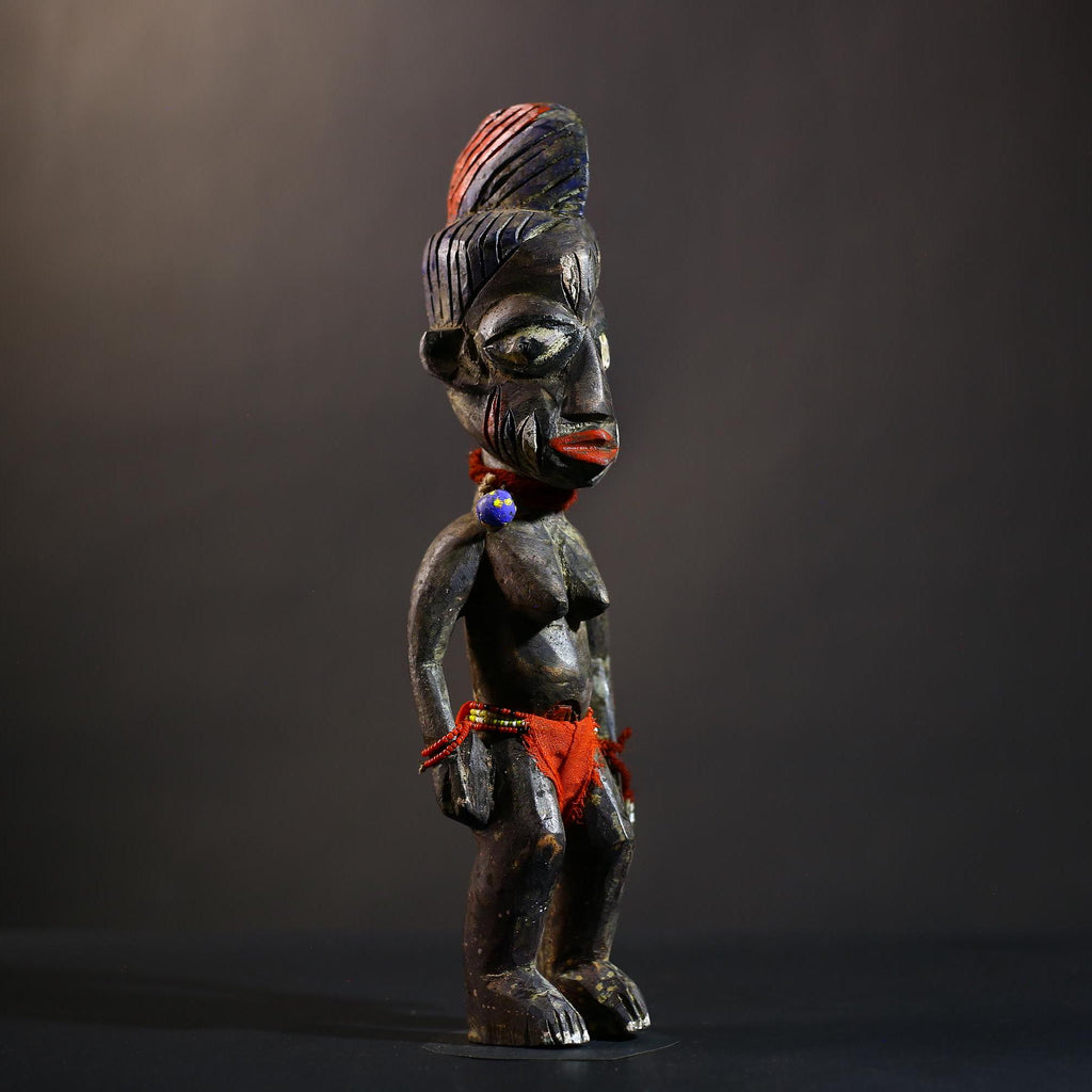 African Yoruba Twin Figures | Adorned Jewelry Art | Oyo Erin Ethnographic Sculpture | Unique Wooden Statue | Cultural Heritage-G4744