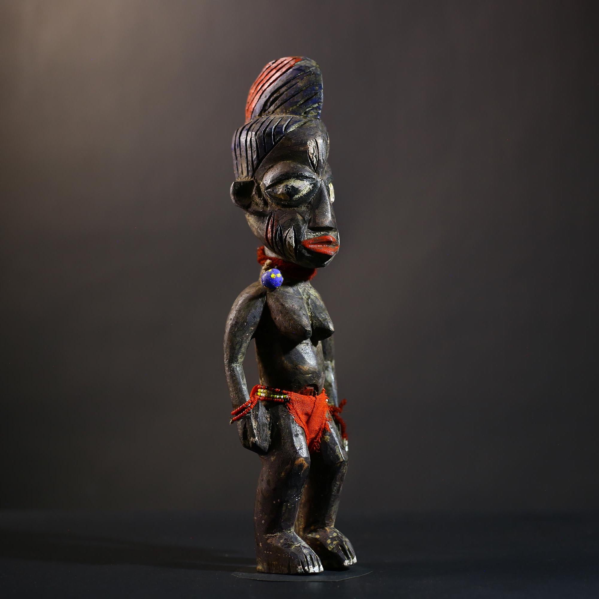 African Yoruba Twin Figures | Adorned Jewelry Art | Oyo Erin Ethnographic Sculpture | Unique Wooden Statue | Cultural Heritage-G4744