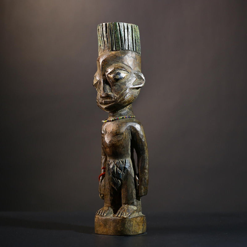 African Yoruba Twin Figure Art | Jewelry Adorned Oyo Sculpture | Ethnographic Decor | Unique Wooden Home Accent | Cultural Heritage-G4743