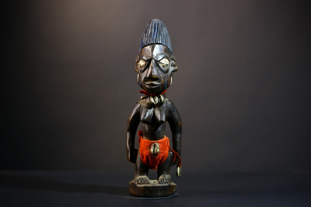 African Yoruba Ibeji Twin Figures | Adorned Jewelry Sculpture | Erin Oyo Art | Unique Tribal Decor | Handcrafted Wooden Accent-G4742