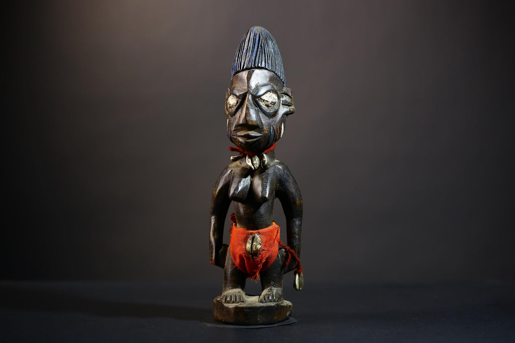 African Yoruba Ibeji Twin Figures | Adorned Jewelry Sculpture | Erin Oyo Art | Unique Tribal Decor | Handcrafted Wooden Accent-G4742