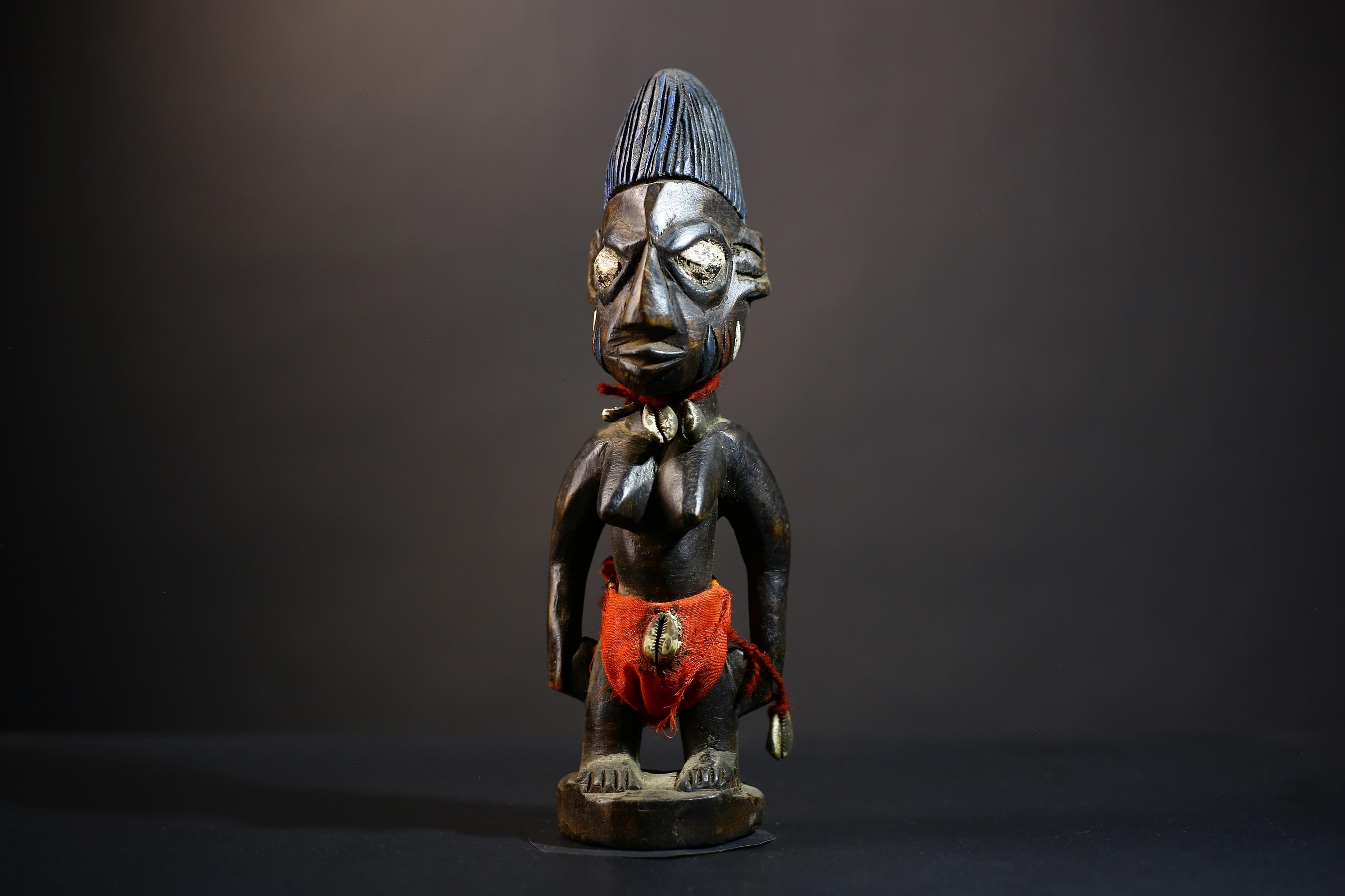 African Yoruba Ibeji Twin Figures | Adorned Jewelry Sculpture | Erin Oyo Art | Unique Tribal Decor | Handcrafted Wooden Accent-G4742