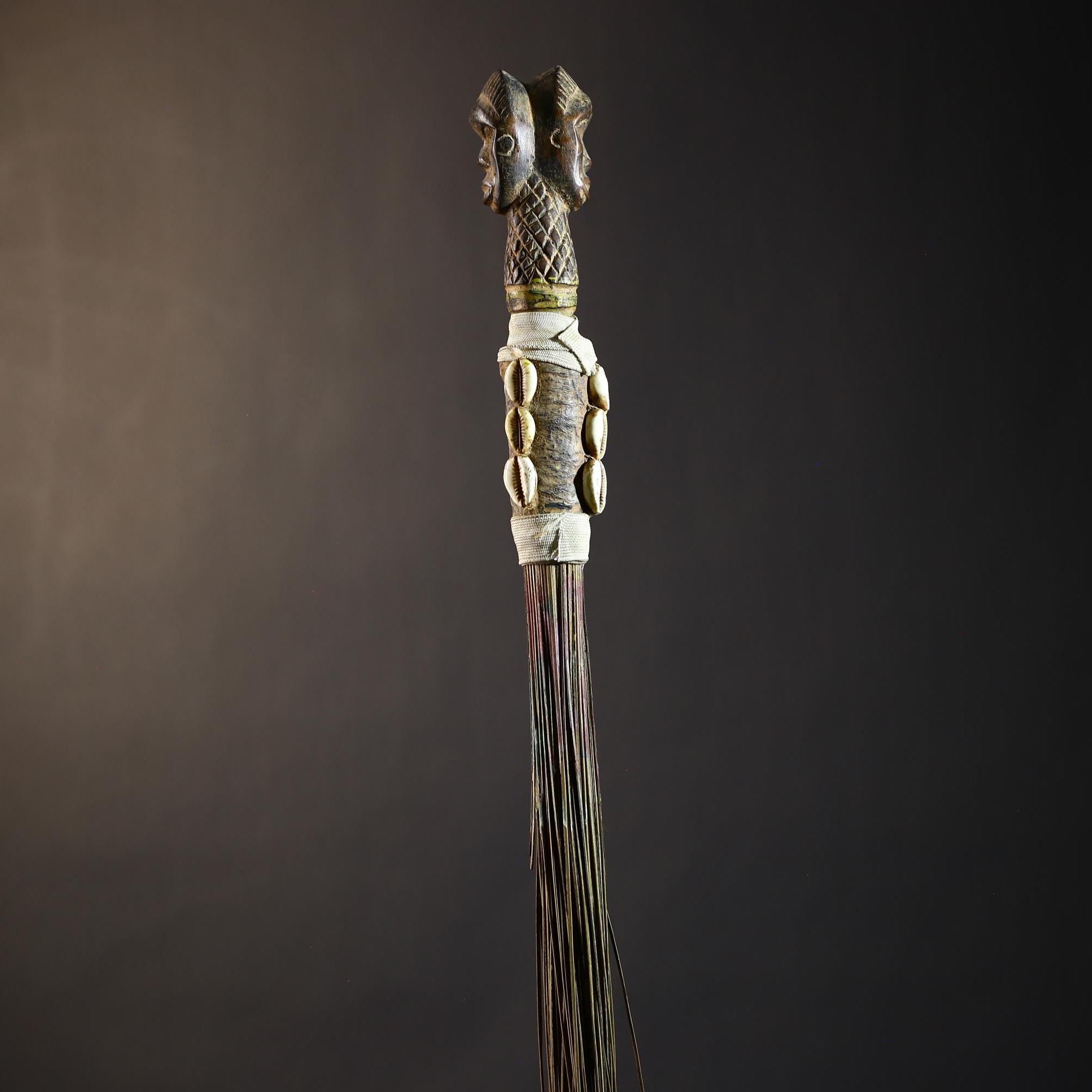 African Artisan Crafted Decorative Fly Whisk | Unique Home Décor Accent | Handwoven Straw Design | Cultural Art Display Piece-G4776