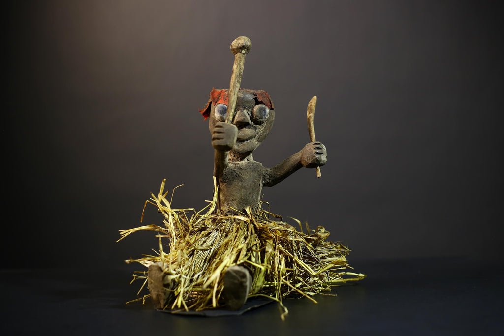 African Raffia Skirt Statue Fetish Kafigueledio Senoufo Wooden Art Piece-G4786