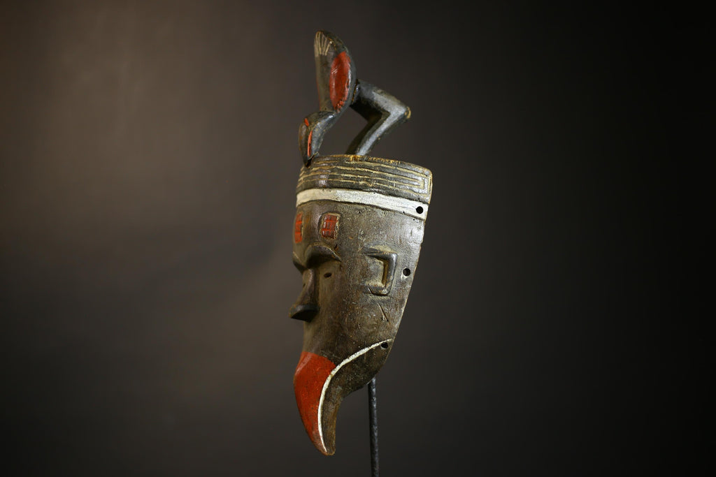 African Baule Mask | Red Carved Wood Art | Unique Wall Decor | Tribal Accent Piece | Ethnic Cultural Design | Handcrafted Collector's -G4681